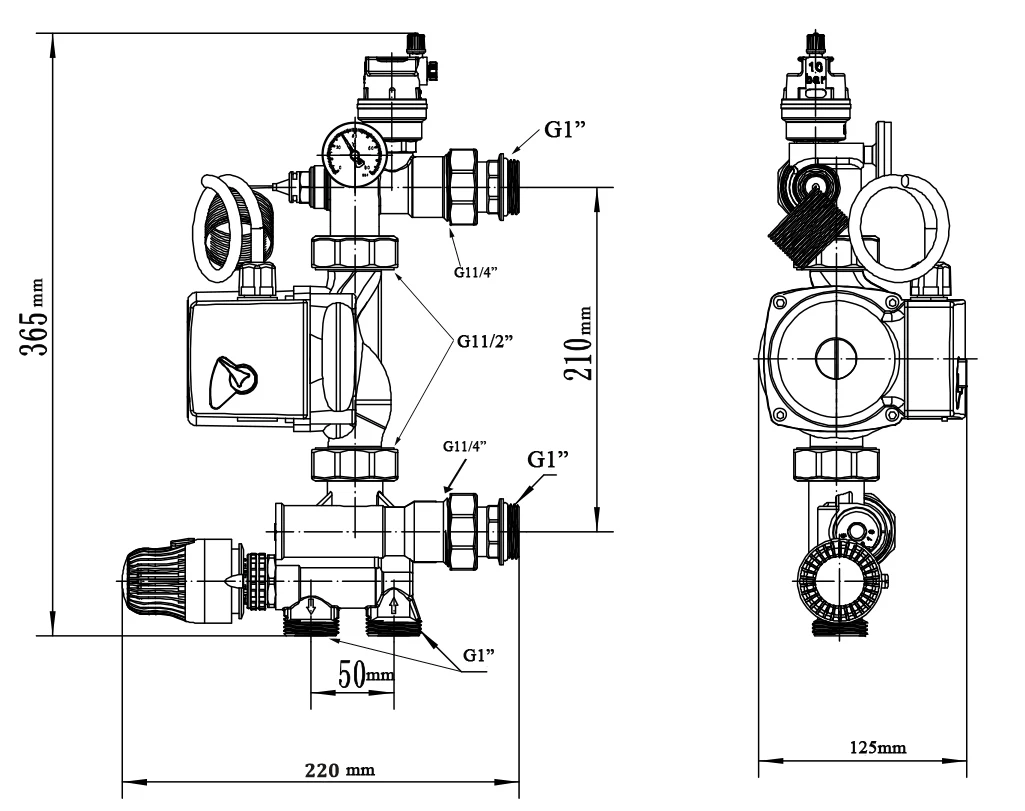 G1 (BSPP) Steuergruppe der Bodenmischvorrichtung mit an das Verteilungsrohr angeschlossener Pumpe, verwendet in Fußbodenheizungen – Detail 2