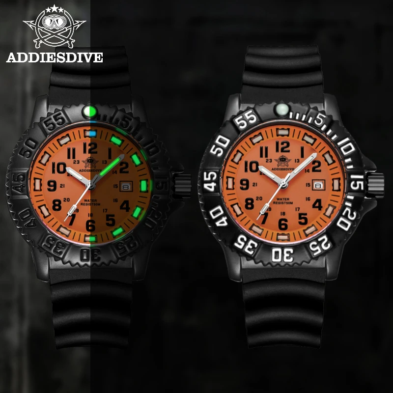 Addies Dive Men Fashion Casual Watch Calendar Display 50m Waterproof Tube Luminous Watch Orange Dial Rotating Bezel Quartz Watch