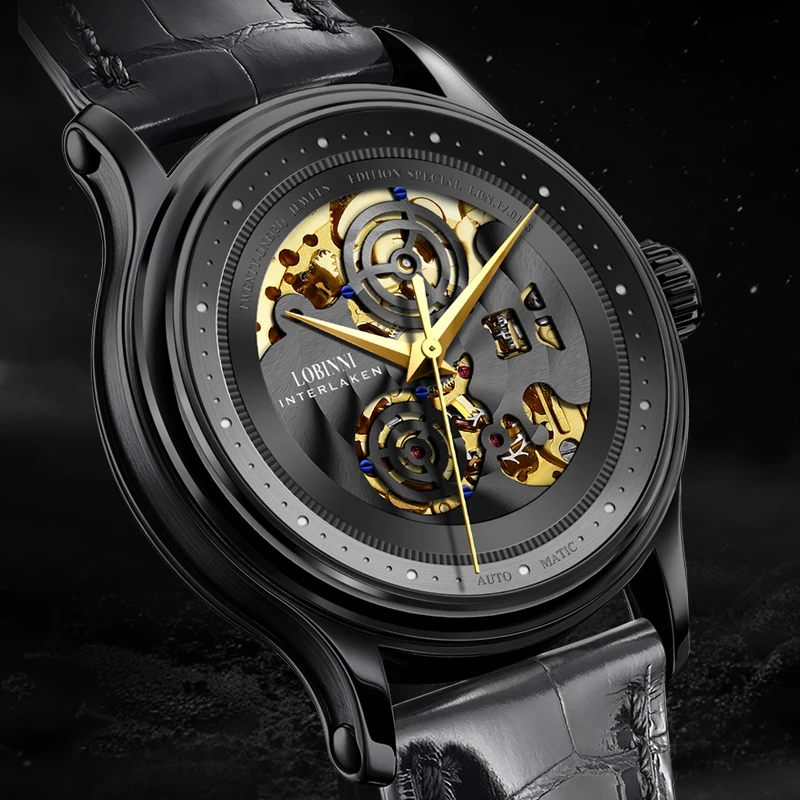 LOBINNI Orologi meccanici scheletrati analogici di moda Top Brand Vetro zaffiro Orologi automatici da uomo impermeabili reloj hombre