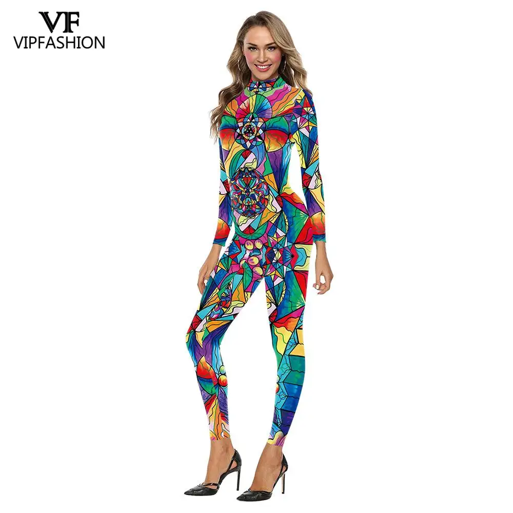 VIP FASHION Women Jumpsuits Ladies Bodysuit Party Sexy Romper Art Print Colorful Costume Burnning Man Festival Outfit Female