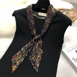 South Korea Retro Joker Female Scarves Long Narrow Neck Sequins Small Towel Scarf Tie Belt Decoration