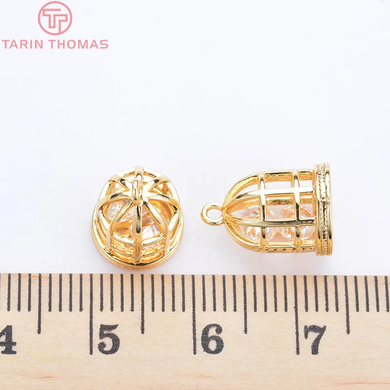(510)6PCS 12x9MM 24K Gold Color Brass with Zircon Hollow Birdcage Charms Pendants High Quality DIY Jewelry Making Findings