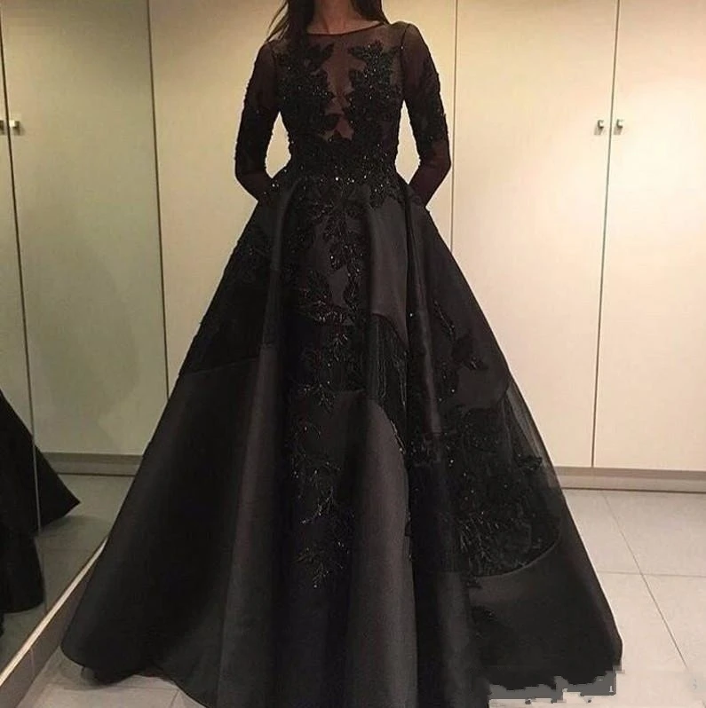 Robe de Soirée en Dentelle Noire à Manches sulf, Tenue de Célébrité, Style Arabe, Dubaï, Bal de Promo, Peu importe, 2024