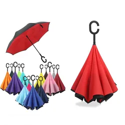 JPZYLFKZL Free style Creative Long Shank Double Layer Inverted Umbrella Windproof Reverse C-Hook male golf umbrella reverse