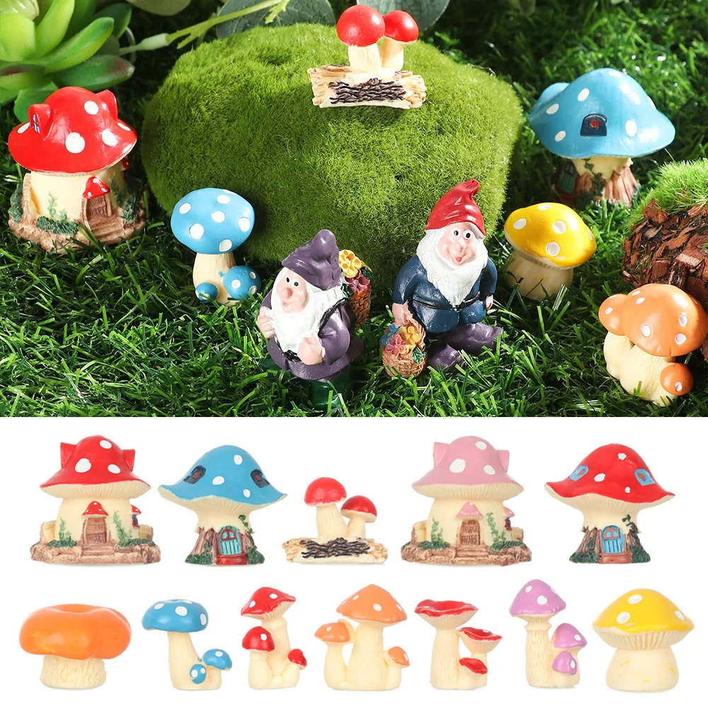 Miniature Mushroom House Mushroom Figurines Gnome Terrarium Micro Landscape Fairy Garden Bonsai Ornament Resin Craft DIY Gift