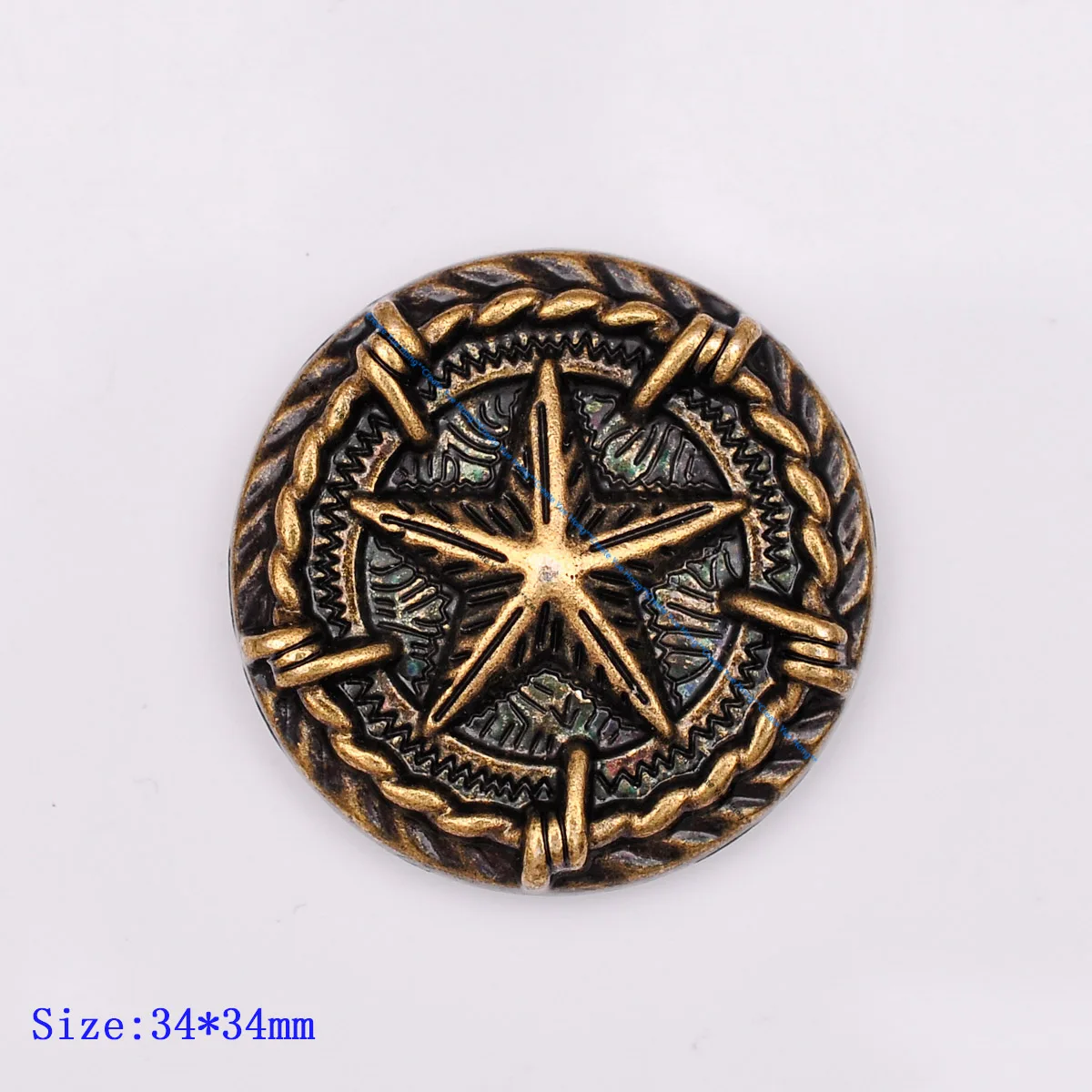 10x 34mm ANTIQUE BRASS WESTERN TEXAS STAR BARBED WIRE TEXAS RODEO SADDLE CONCHO