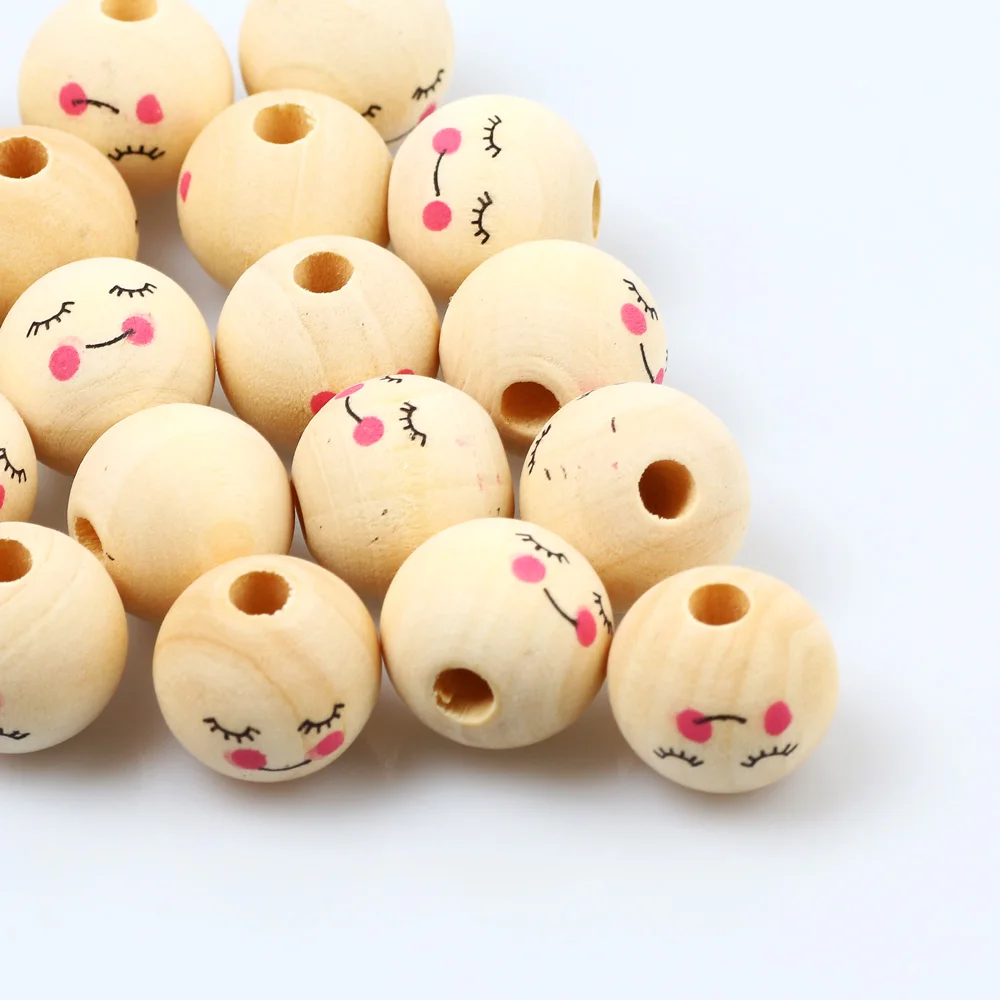 20pcs 16mm Natural Wood Beads Round Spacer Wooden Balls Smile Loose Beads For Jewelry Making Bracelet Necklace Diy Accessories