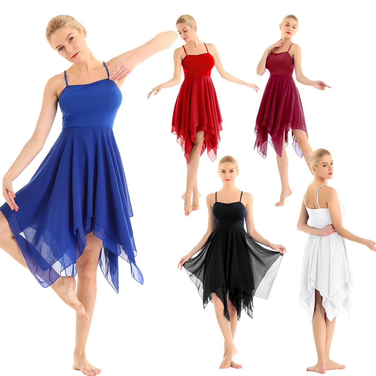 Women Chiffon Ballet Dance Leotard Dress Sleeveless Asymmetric Dancewear Ballroom Modern Contemporary Stage Performance Costume