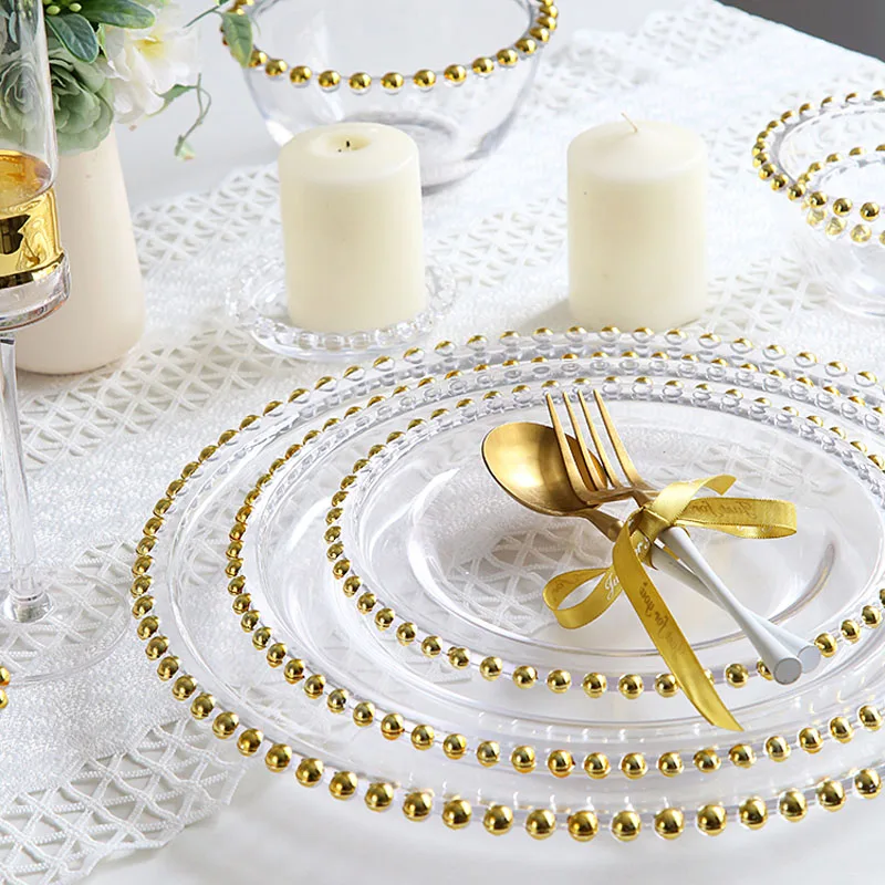 Gold Inlay Glass Plates Set European Modern Transparent Golden Beads Decorative Dinner Plate Hotel Serving Tray Home Decoration