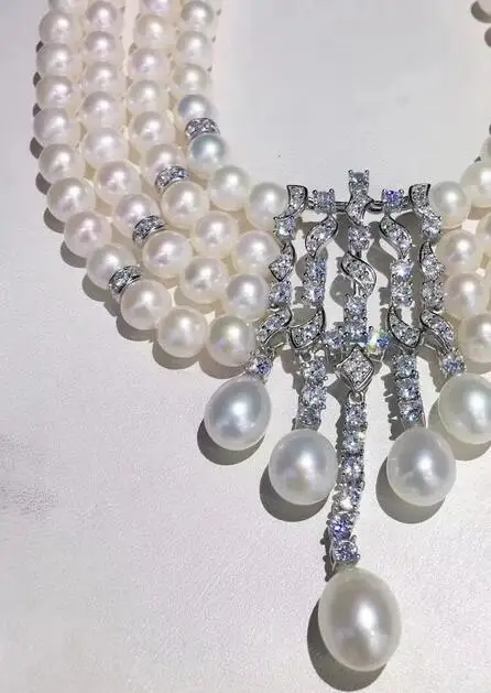 free shipping  Jewelry 4row 7-8mm natural south sea white pearl necklace micro inlay zircon earring bracelet pendant