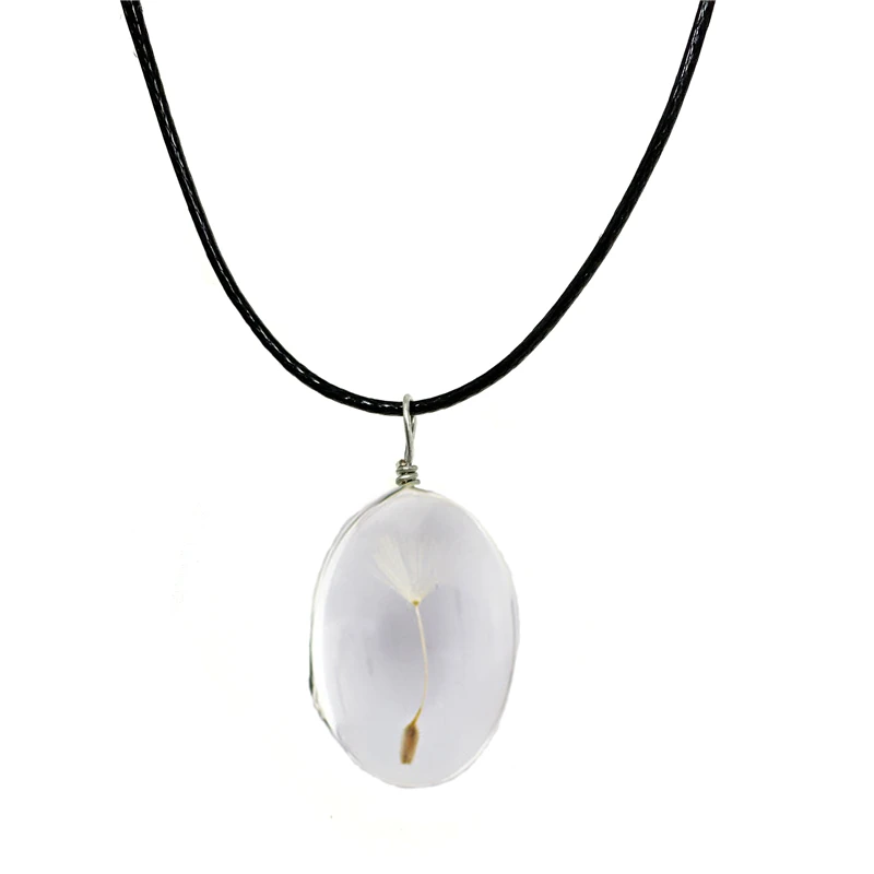 Natural Dandelion Ellipse Clover Crystal NecklaceHandmade Dried Flowers Pendant Permanent Preservation Chains Jewelry Gor Women
