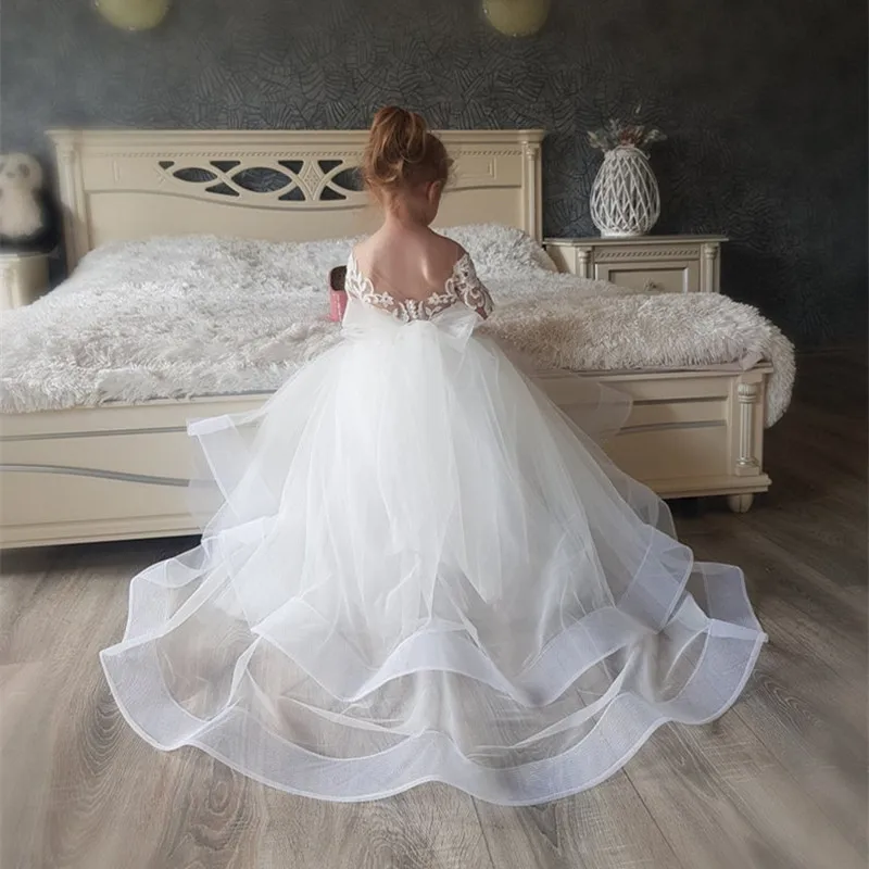 Puffy ลูกไม้เด็กผู้หญิงชุดเด็กชั้นดอกไม้สาวชุด Hi-Low ชุดเจ้าหญิงน่ารัก First Communion Gowns