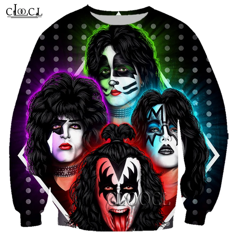 HX Newest Fashion Hip Hop Rock Metal Kiss Band 3D Print Men Women Popular Harajuku Sweatshirt Unisex Autumn All-match Tops