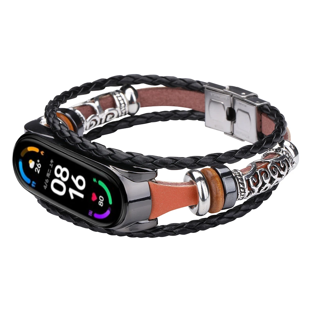 Leather Strap For Xiaomi Mi Band 7 6 5 Bracelet Wristband For MIband 7 NFC Smart Watchband Ethnic Beaded Retro Belt + Metal Case