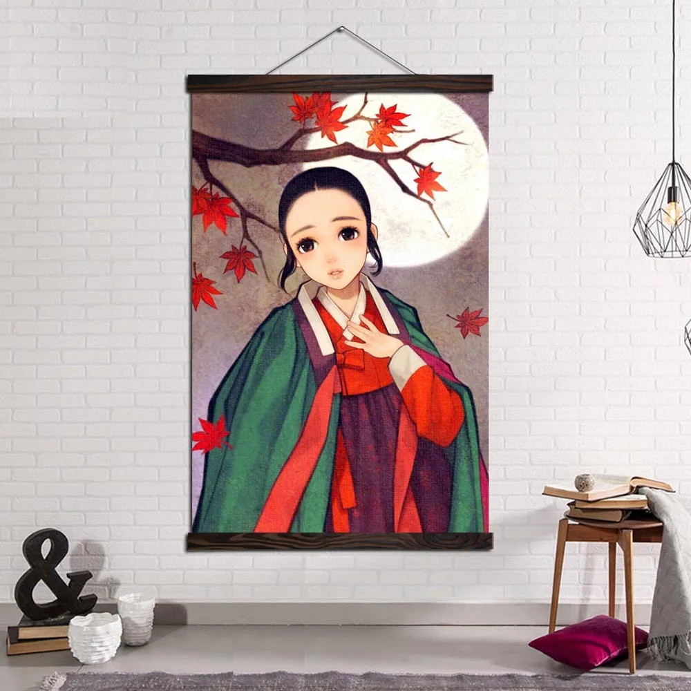 

Wall Art Picture Prints and Posters Canvas Painting Modern Pictures Home Decor Moonlight Hanbok Girl Under Maple Tree