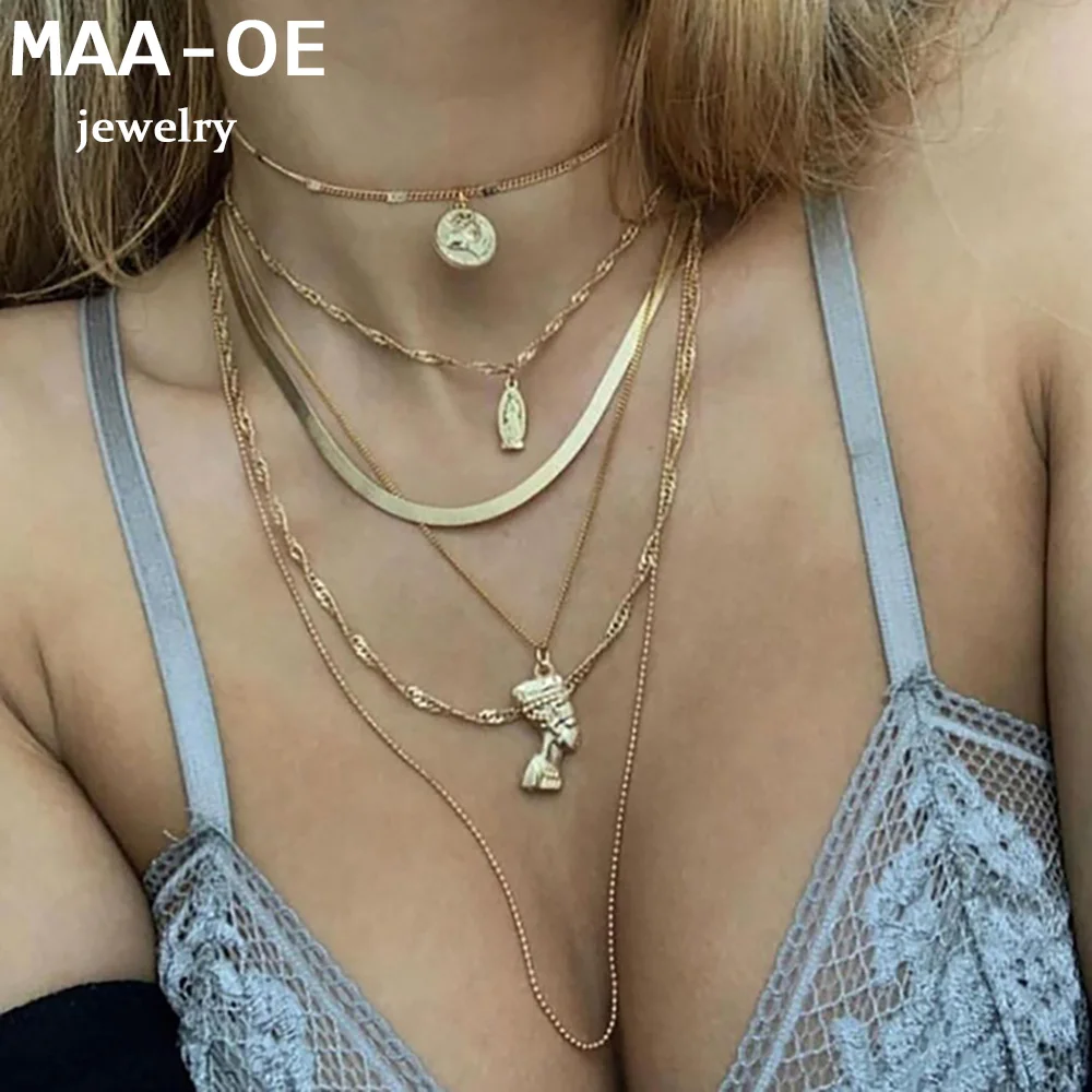 New Vintage Fashion Multilevel Gold-plate Necklaces For Women Maria Pharaoh Head Pendant Necklace 2020 Female Boho Jewelry