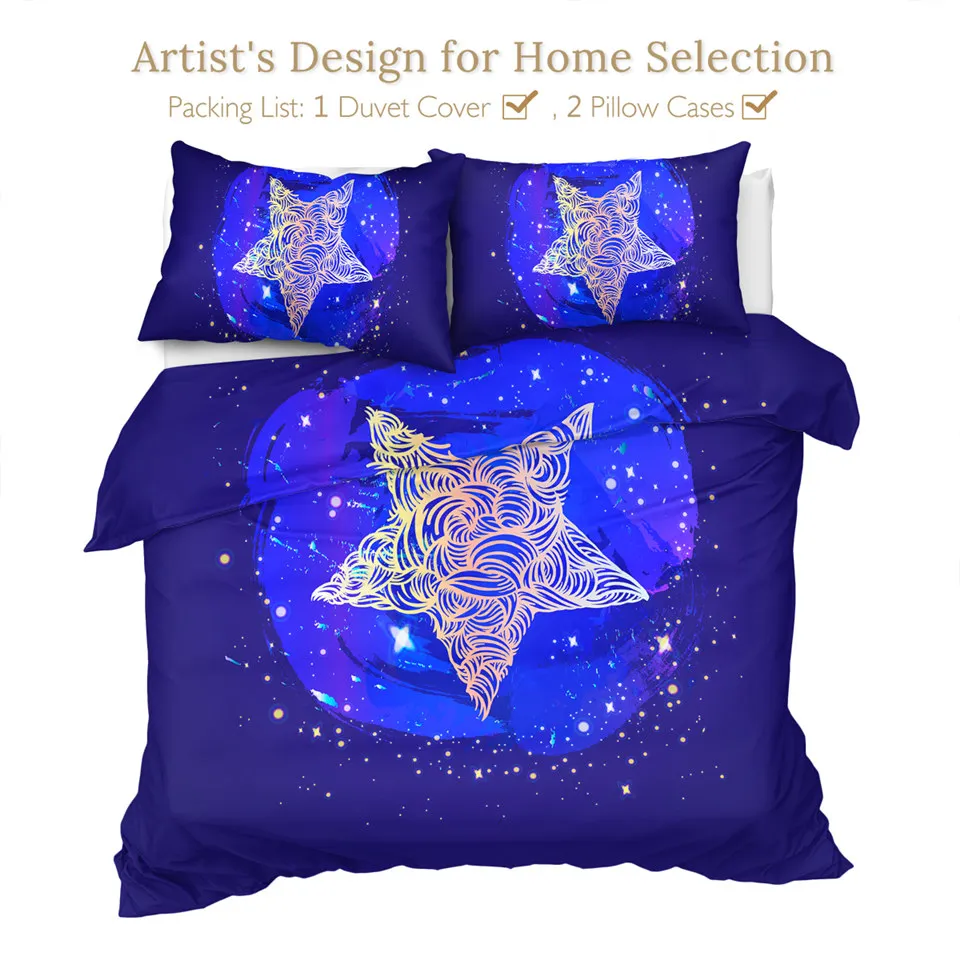 BeddingOutlet Glowing Star Bedding Set Dark Blue Duvet Cover Set Watercolor Comforter Cover Fairy Tale Illustration Bed Set 3PCS