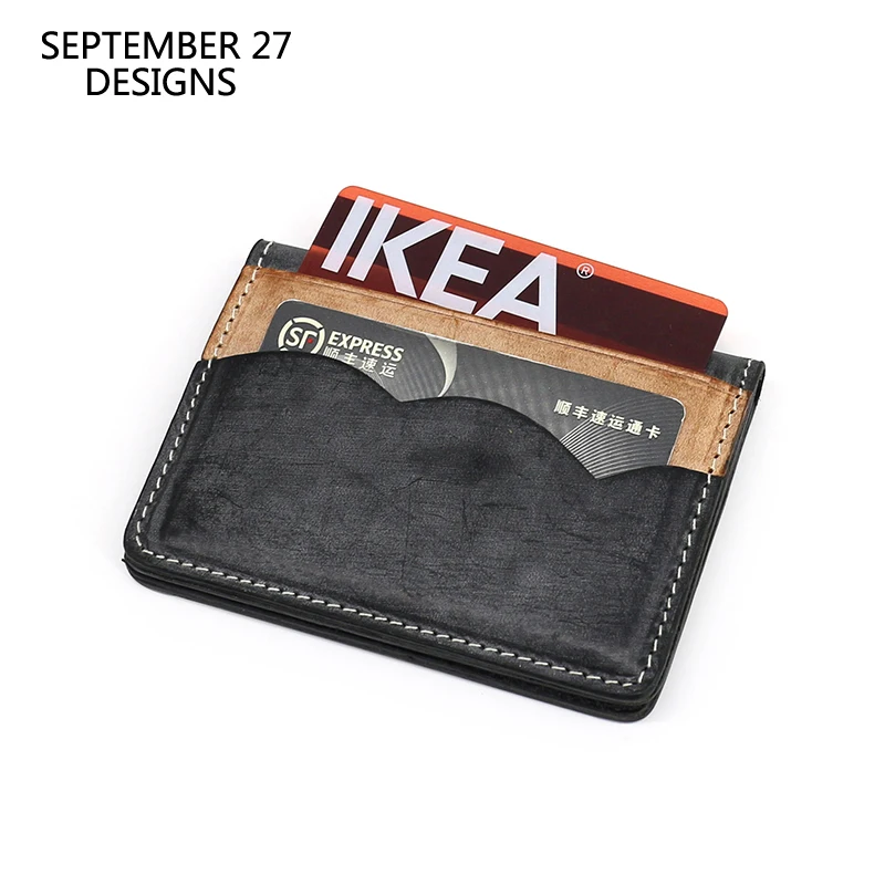 Credit Card Bag Men Genuine Leather Luxury Handmade Fog Wax Cowhide Small ID Bus Card Wallet Top End Mini Purses