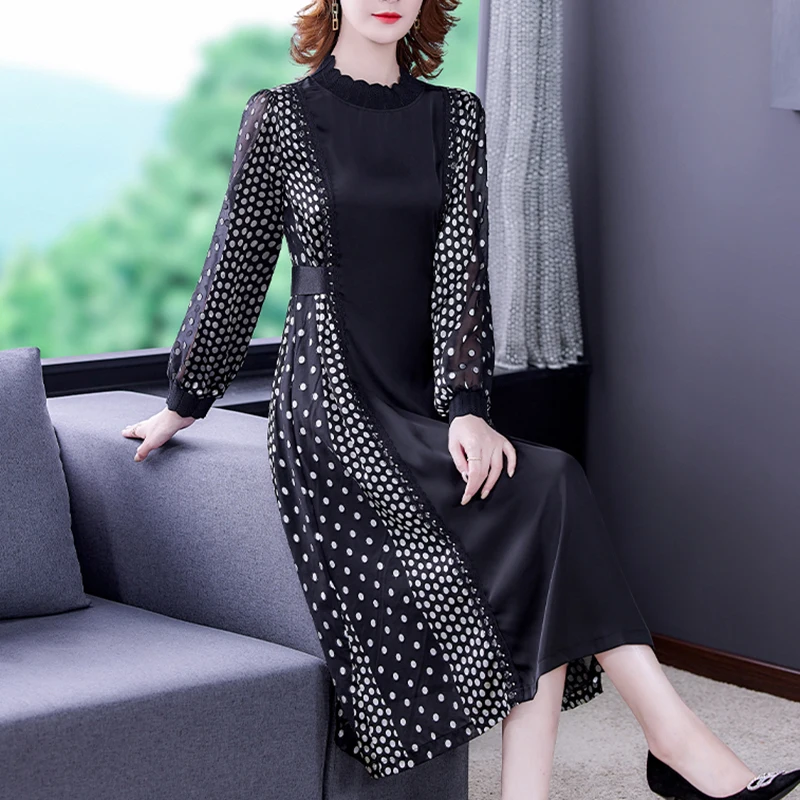 

2022 Women Black Dot Print Natural Silk Satin Dress Spring Autumn Vintage Midi Dress Korean Elegant Bodycon Office Lady Vestido