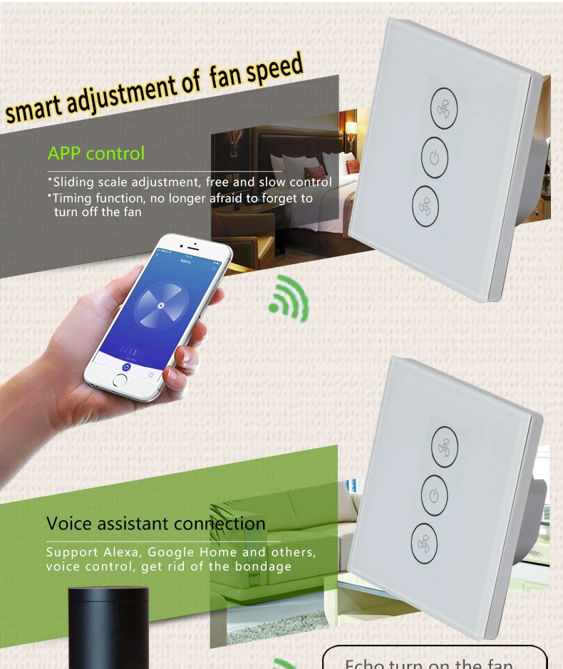 EU US WiFi Smart Fan Motor Speed Controller Glass Panel Wall Touch Switch Timer Remote Control Smart Life Tuya Alexa Google Home