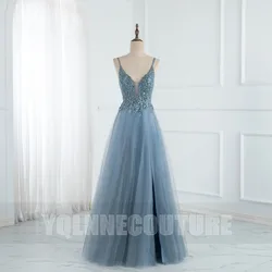 YQLNNE Dusty Blue Crystals Tulle Long Prom Dresses Straps Beaded Backless Floor Length Sexy Party Gown Slit Real Photos