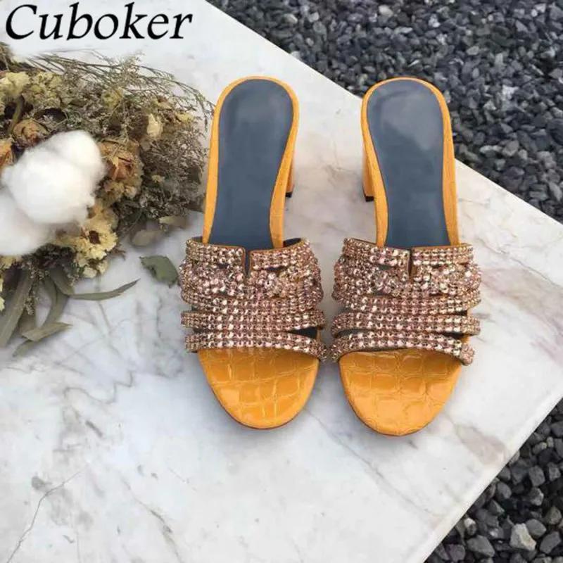 Hot Sale Chunky Heels Rhinestone Slippers Women Peep Toe Bling High Heel Ladies Slides Summer Sexy Party Dress Sandalias Mujer