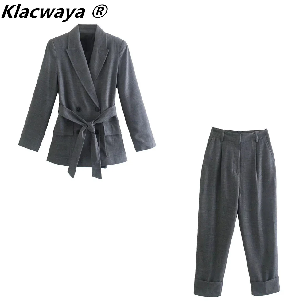 Klacwaya frauen Anzug Set Frau 2 Stück Vintage Schärpen Blazer Weibliche Elegante Hosen Und Jacke Herbst Büro Dame Hosen anzüge