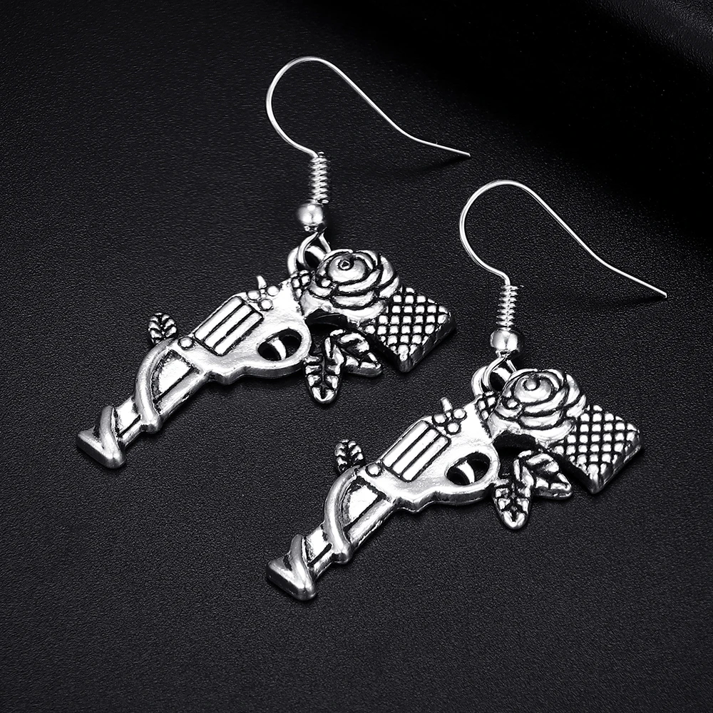 Vintage Pistol Gun Shape Antique Silver Plated Punk Hiphop Rock Style Retro Drop Earrings for Women Girl & Man Party Jewelry