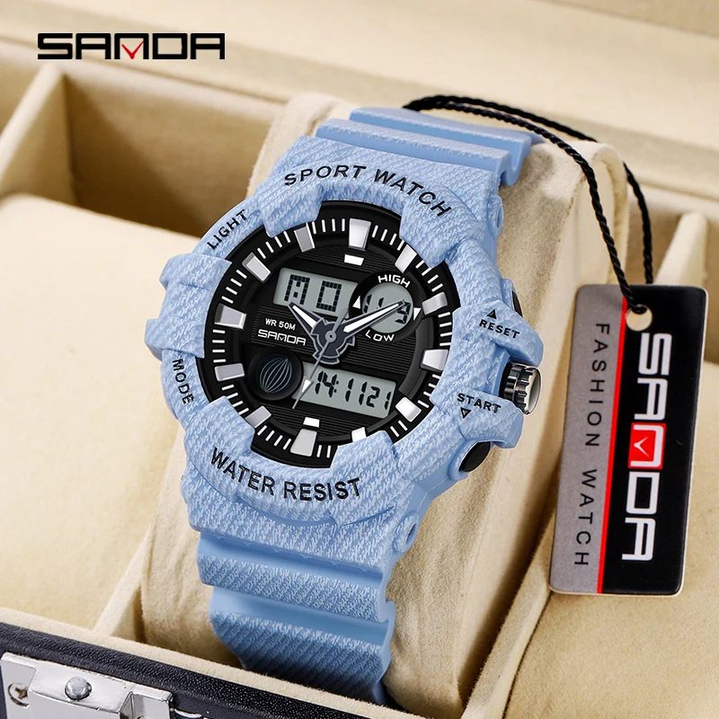 SANDA Sports Watch Luminous LED Digital Analog Watch Multifunctional Dual Display Women Watch Automatic Calendar 5ATM Waterproof