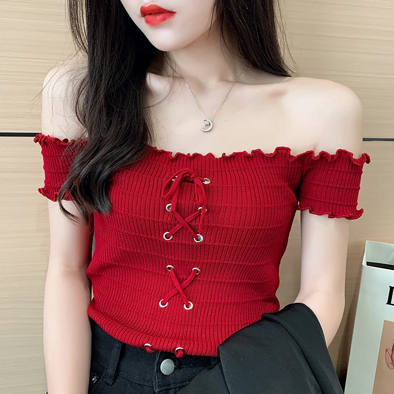 Solid Slash Neck Cropped T-shirt Female Short Sleeve Sexy Knitted Laced Up Stretchable TShirts Crop Tops For Woman Summer