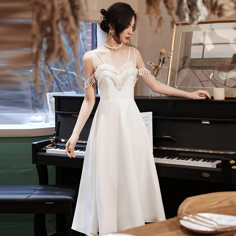 French Small Evening Dress White Suspender Small Dress Female Ladies Princess Dress Mid-length Banquet Evening Dress Women A283