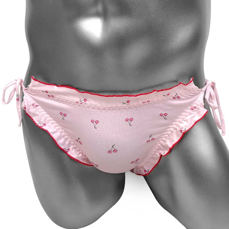 Lovely Cute Lolita Sissy Panties Kawaii Princess Side Tie Cherry Ruffle Mens Underwear Brief Sexy Gay Lingeries Male Underpants