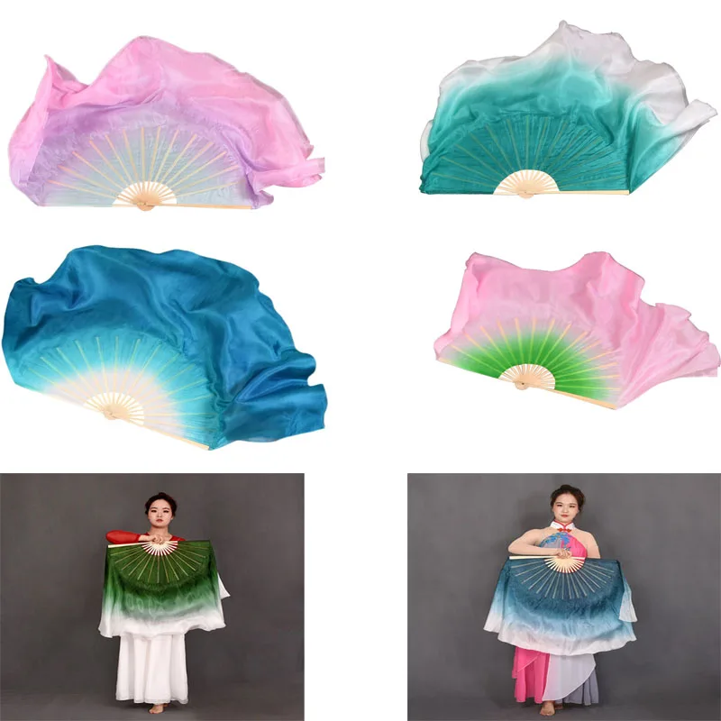 Double-Side Women 100% real silk Fan Veils for Belly Dance Chinese Folk Dance Veil Fans Two Layers Dancing Props 1pair/2pcs