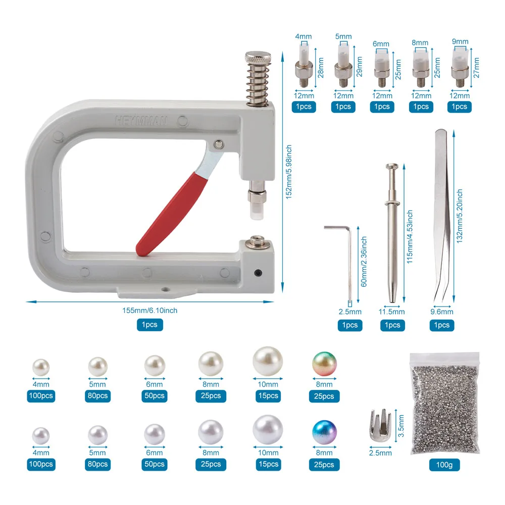 1Set Manual Pearl Rivet Fixing Kits Pearl Setting Machine Tool with Imitation Pearl Acrylic Beads Pearl Rivet Buttons Tweezers