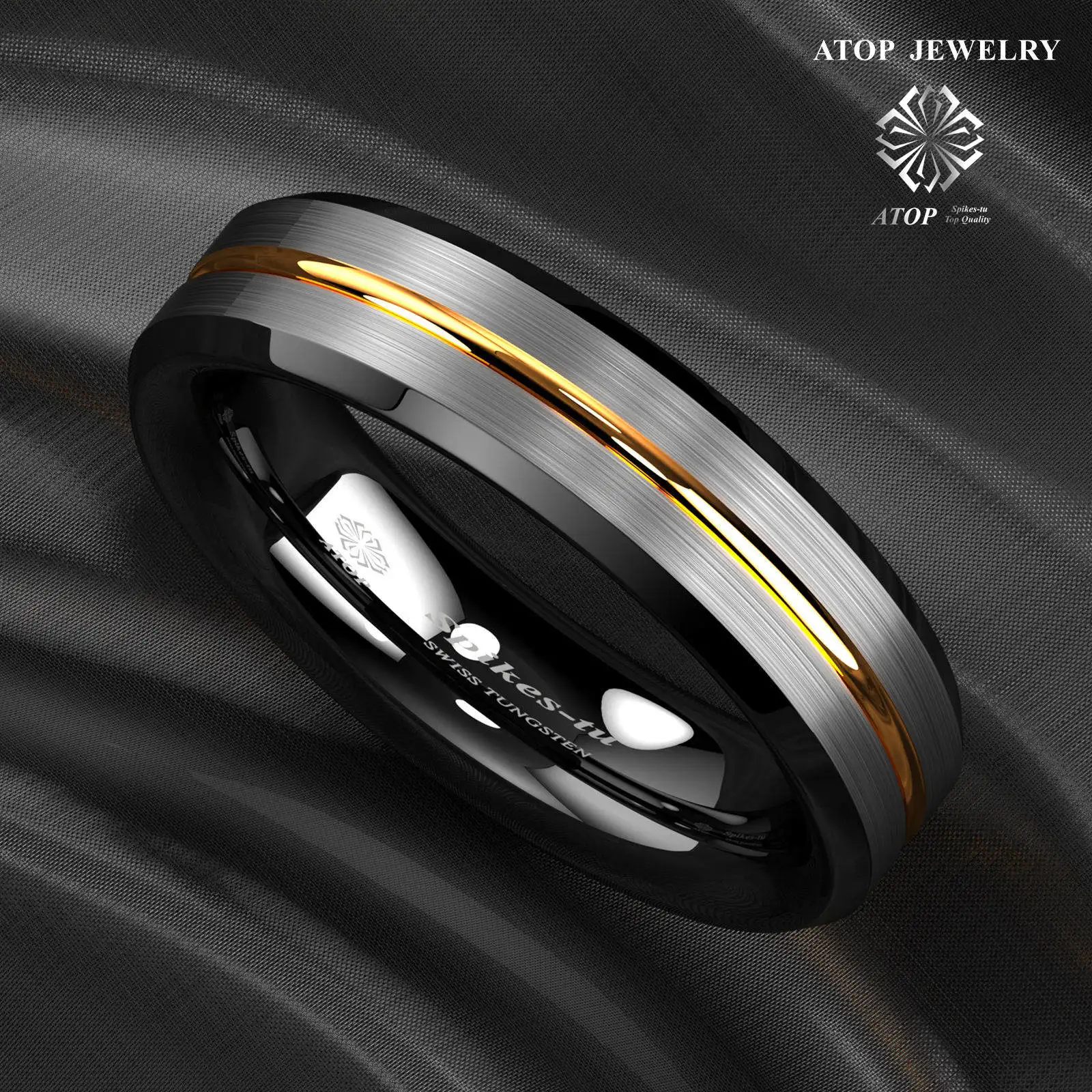 

6Mm Silver Brushed Black edge Tungsten Ring Gold Stripe ATOP Mens Wedding Band Customized Jewelry