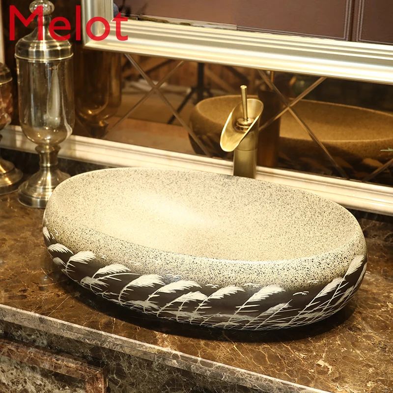 Home Chinese Style Bathroom Carved Washbasin Balcony Large Size Ceramic Basin Single Basin