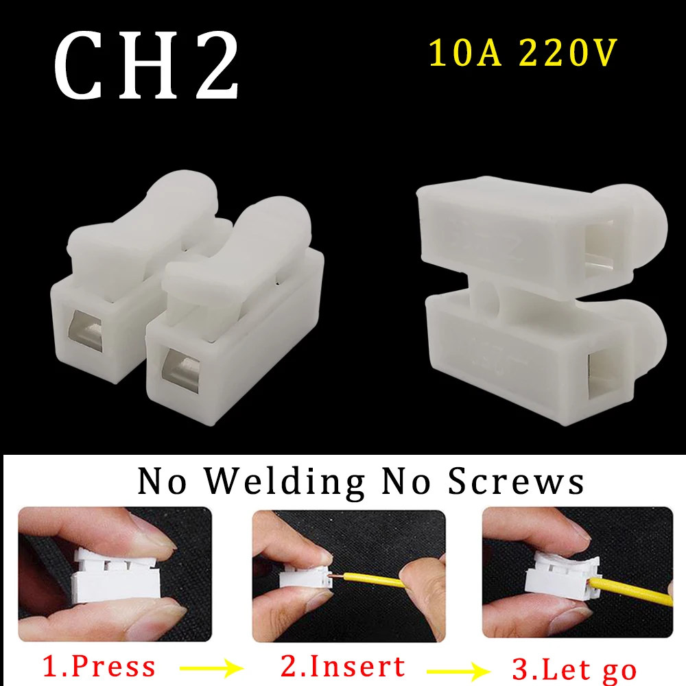 10Pcs CH2 Wire Cable Connector 2 Pin CH2 Spring Push Type Splice Lock Wiring Solderless Plug-in Terminals Connector 10A 220V