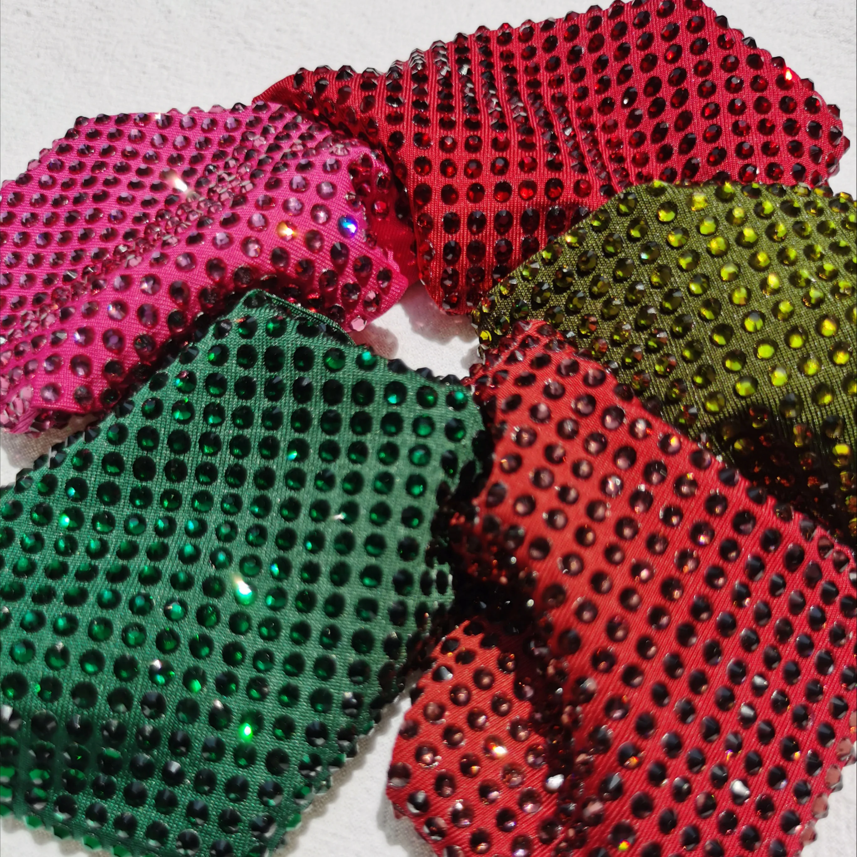 Crystallized Hot Fix High Quality Green Crystal Rhinestone Polyester Spandex Elastic Stretch Fabric Mesh Fish Net