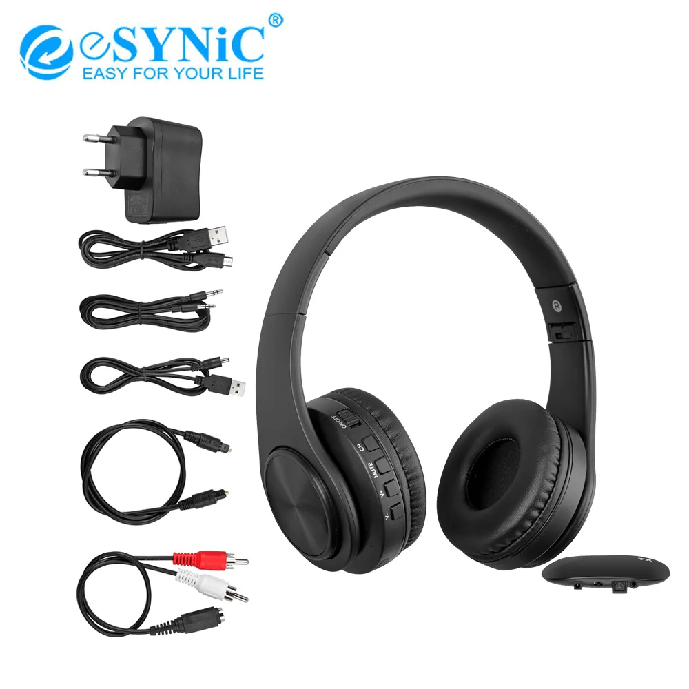 eSYNiC Wireless Headphones With 2.4G RF Transmitter Dock Digital Optical/ 3.5mm Input No Audio Delay For TV Watching