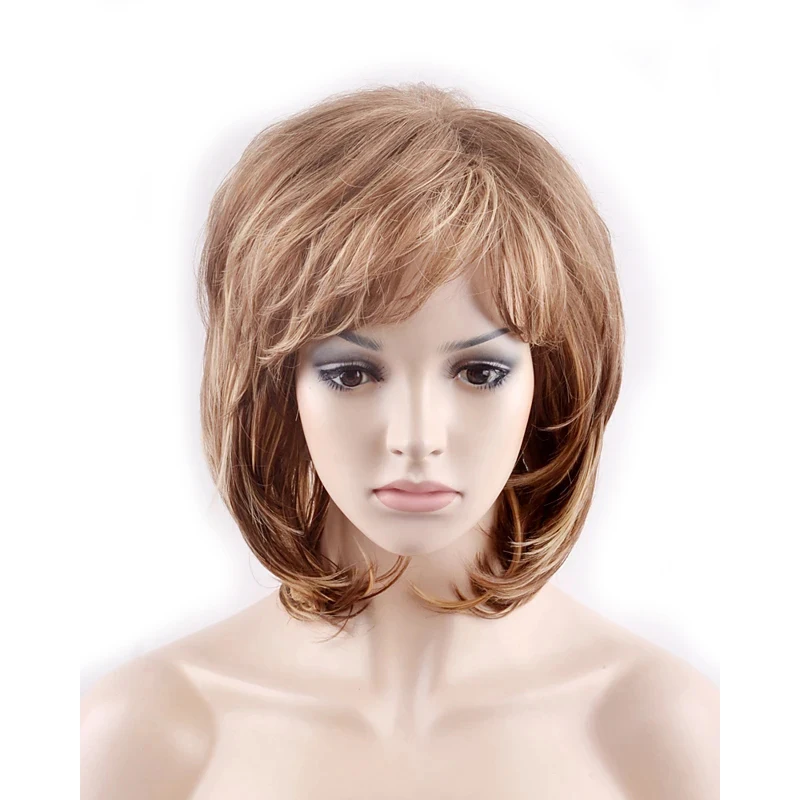 HAIRJOY Women  Short Layered Fluffy Curly Heat Resistant Synthetic Hair Wigs Brown Highlight Bob Wig with Bangs