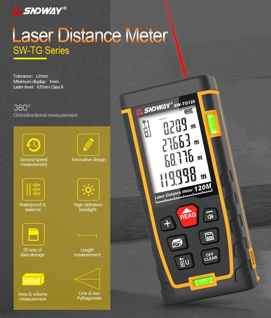 SNDWAY Laser Rangefinder Hunting Rangefinder Digital Mini Range finder Laser Tape Distance Ruler Sensor 50M 100M Distance Meter