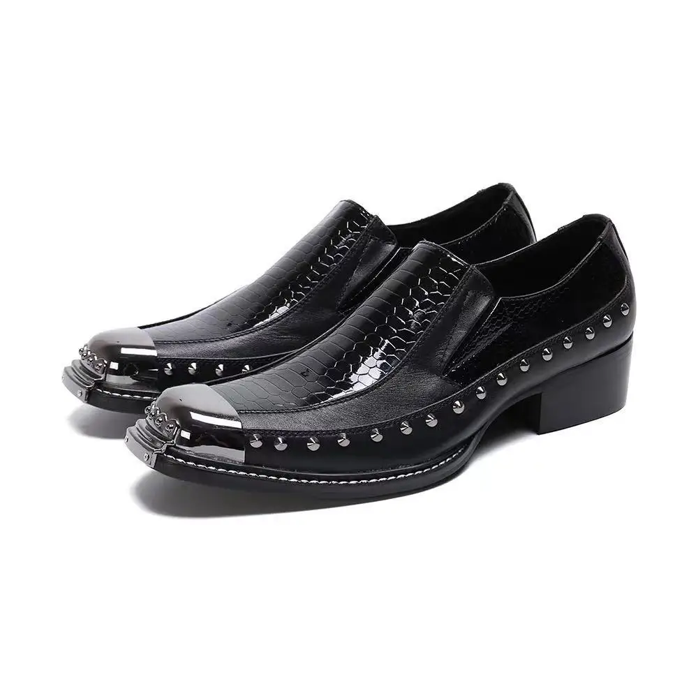 

Italian Style Rivet Embroider Square Metal Toe Dress Oxfords Black Party Designer Patent Leather Men Formal Shoes Luxury