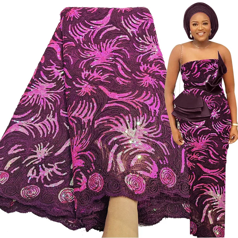 African Sequin Lace Fabric 5 Yards 2021 High Quality Mesh Embroidery Magenta French Tulle Lace Material For Nigerian Women Dress