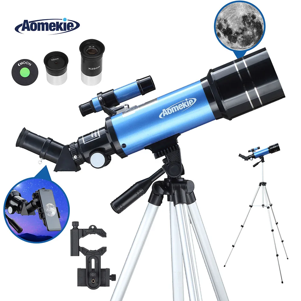 Telescópio Astronômico com Tripé Ajustável Adaptador de Telefone Imagem Erecta Amante da Lua Iniciante Presente Infantil Lente de 70 mm 16x 66x