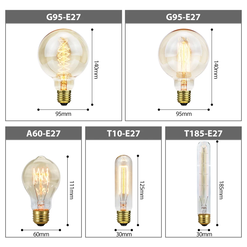Incandescent Edison Bulb E27 40W Retro Lamp 220V ST64 A19 T45 T10 T185 G80 G95 Ampoule Vintage Bulb Edison Filament Light bulb
