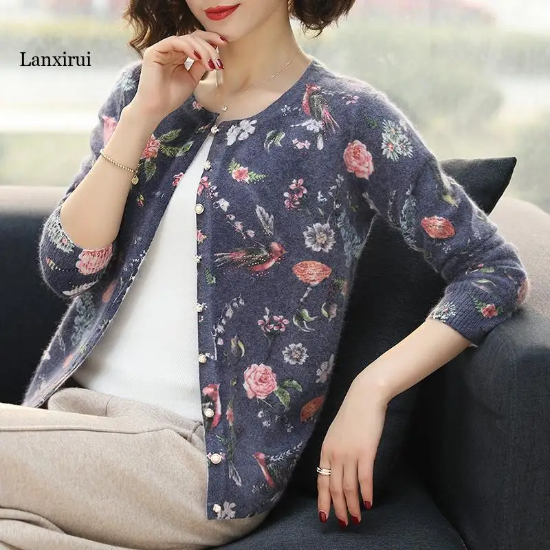 Women Cardigans Sweater Autumn Winter Floral bird pattern Knitted Coat Cardigan Single Breasted Casual Knit Jacket Sweater