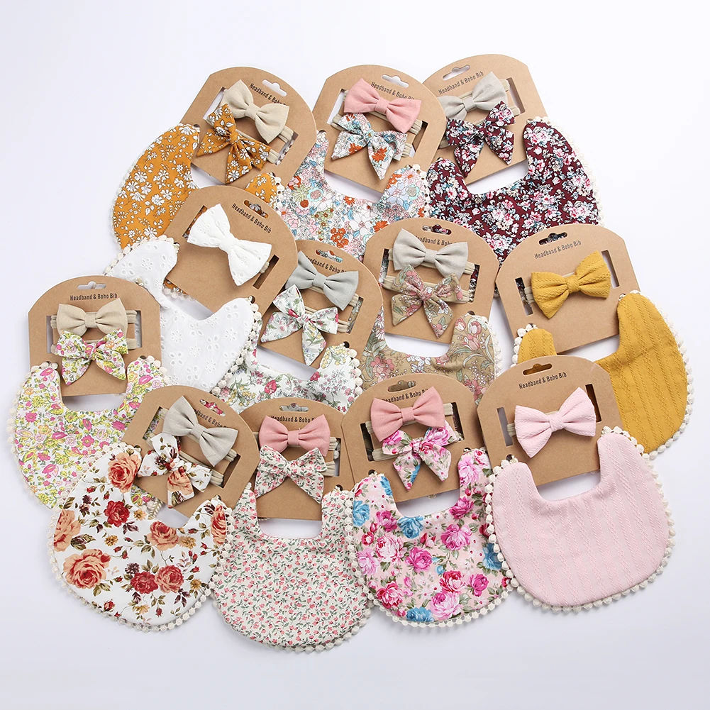 12Sets/Lot Baby Tassel Saliva Towel Headband Floral Vintage Newborn Photography Double Side Bibs Boys Girls Props Bandana Burps