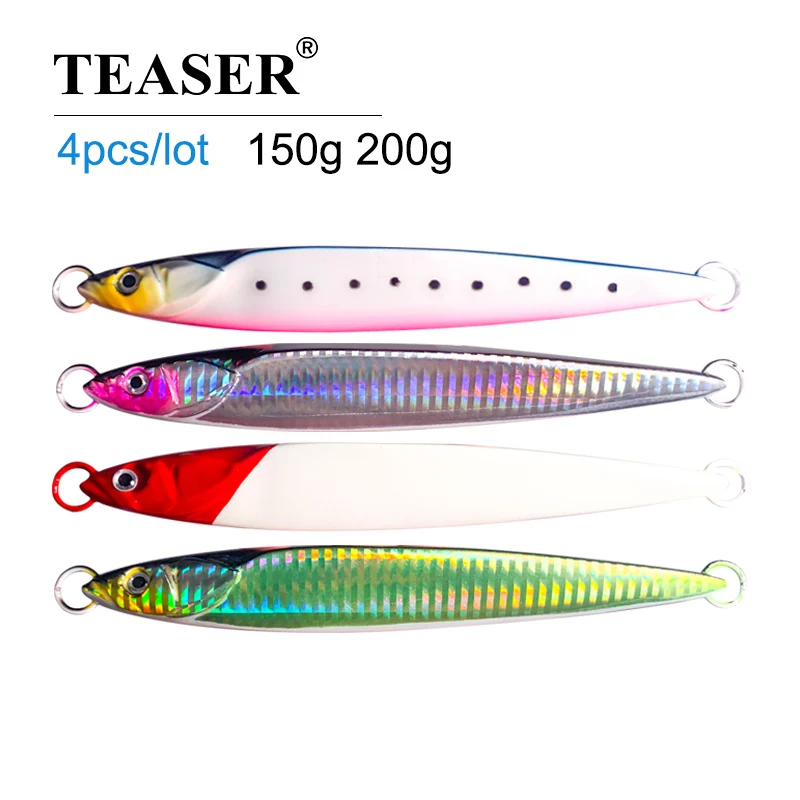 

TEASER 4pcs/lot Glow Metal Jig 150g 200g Slow Sinking Spoon Jigging Lures Vertical Bass Saltwater Fishing Bait Tackle For Korea