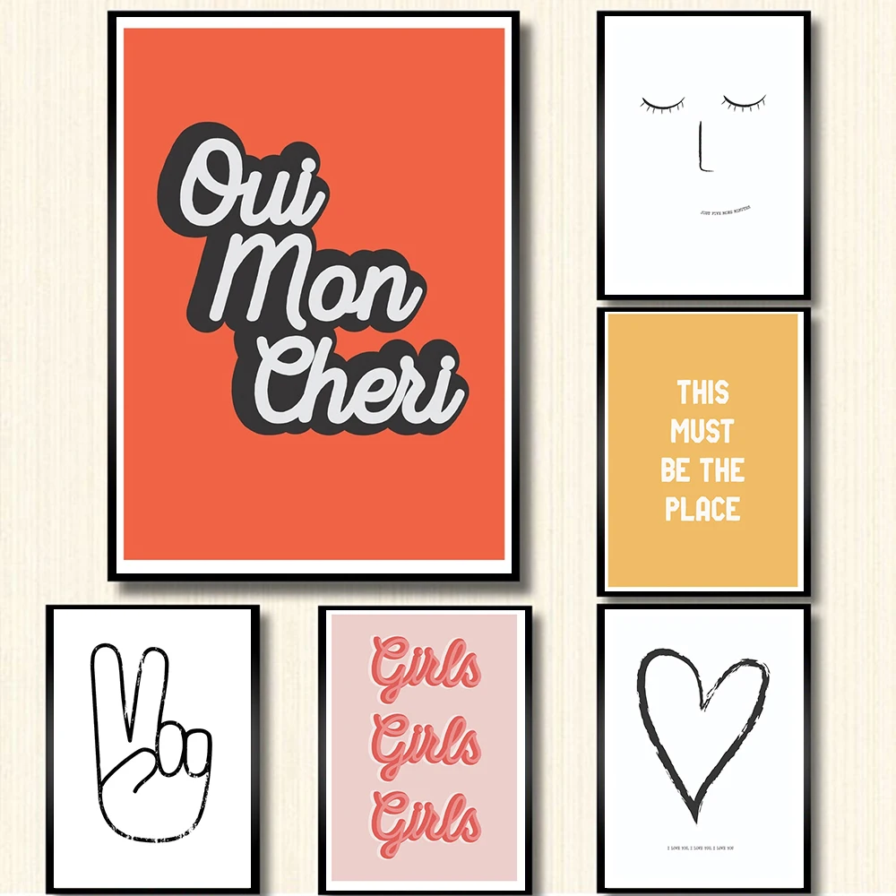 Französische Heimdekoration, Leinwandkunstdrucke und Poster, modernes minimalistisches Oui Mon Cheri-Zitat, Mädchen, Frankreich, Leinwandgemälde, Heimdekoration