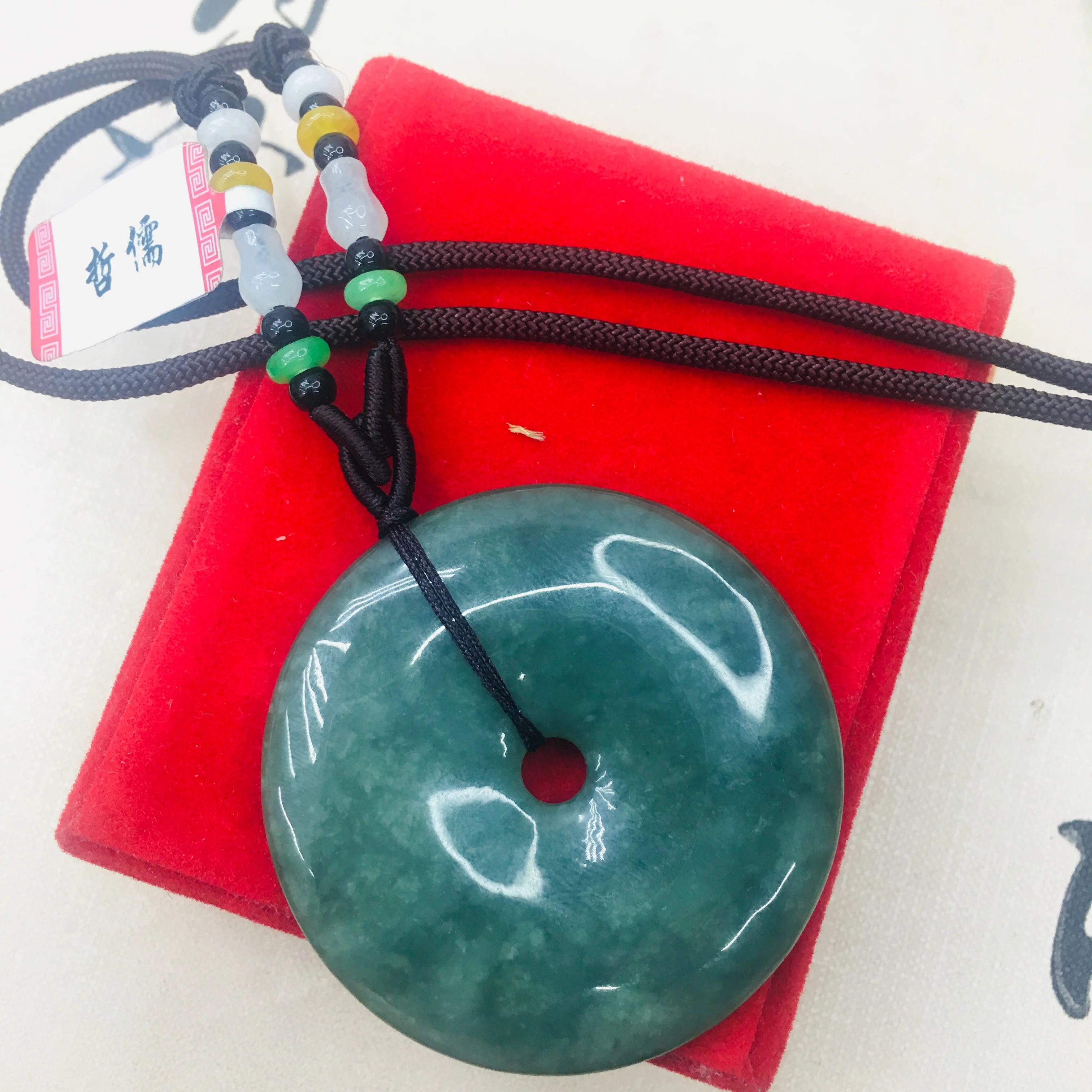 Natural Burmese Emerald Jade Carving Oil Green Donut Pendant with Handmade Tri-Color Bead Necklace Men and Women Sweater Chain